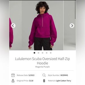 Lululemon Scuba Oversized Half-Zip Hoodie
Magenta Purple Size Medium/Large EUC